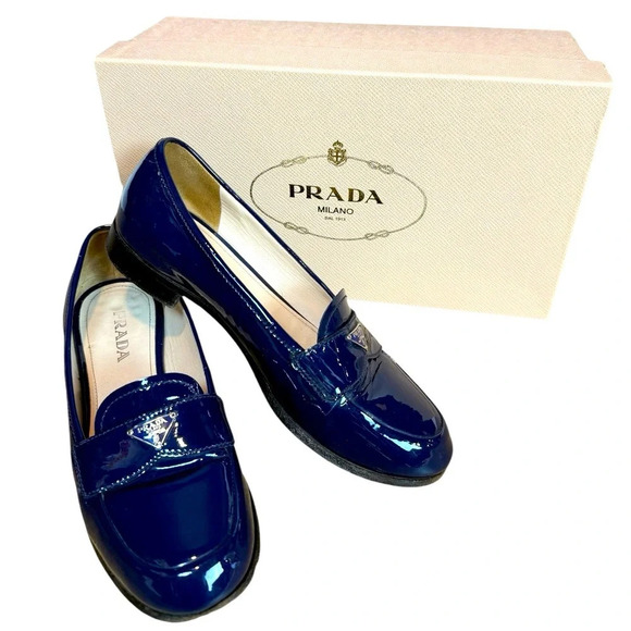 Prada Patent Leather Triangle Logo Loafers, Navy Blue, Size 36.5/US 6.5 - Picture 1 of 14